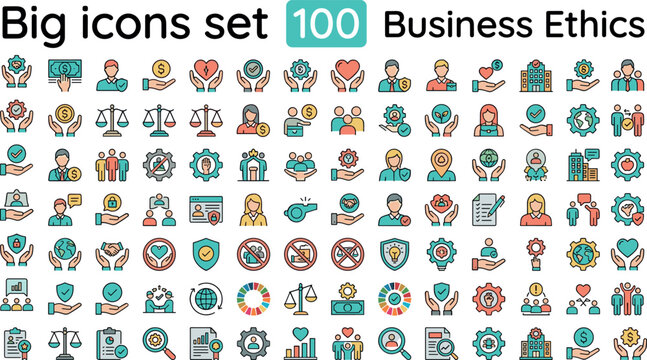 Business ethics outline icon set with corporate responsibility integrity compliance fairness teamwork sustainability and trust symbols