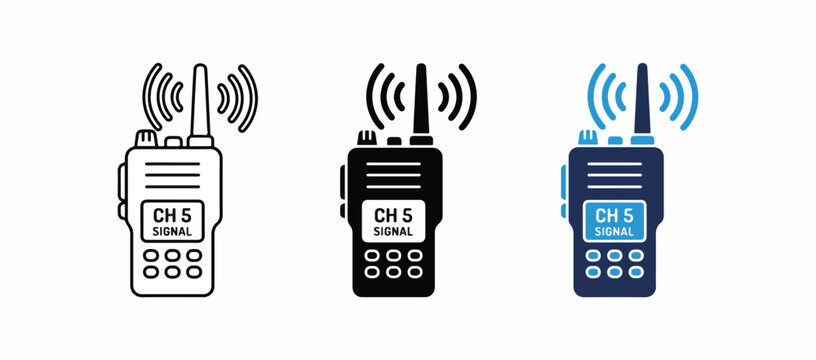 Walkie talkie radio icon set, portable transceiver communication vector template in line and flat styles.