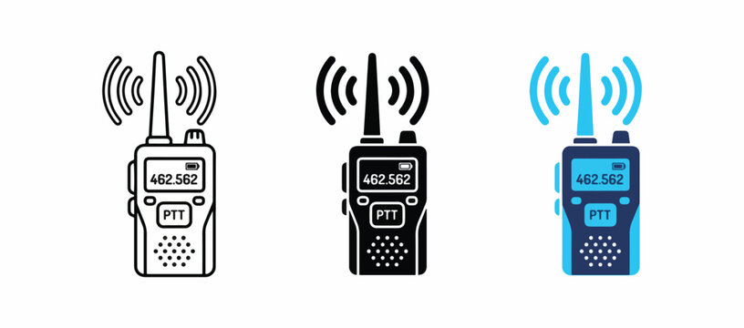 Walkie talkie radio icon set, portable transceiver communication vector template in line and flat styles.