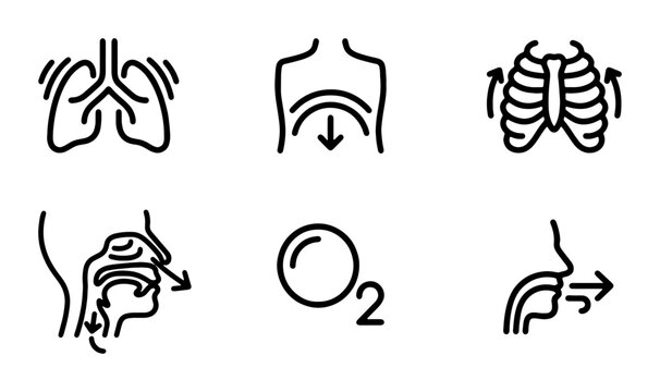 Respiratory System Icons: Lungs, Diaphragm, Ribs, Airflow, Oxygen, Breathing Process