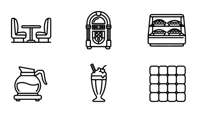 Retro Diner Icons: Jukebox, Booths, Coffee, Milkshake, Pies, 6 Vector Elements