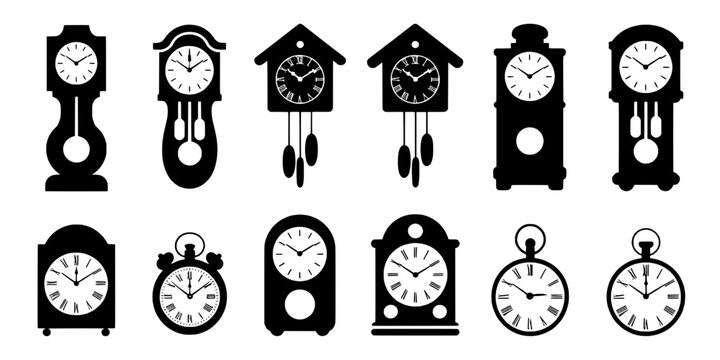 Clocks set with various designs and styles including pendulum and pocket watches featuring timepieces, vintage, retro with black and white and