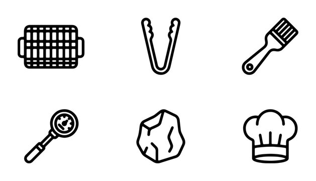 BBQ Grill Tools Icon Set, Cooking Utensils Vector Graphics, Chef Hat, Tongs, Brush, Thermometer, Food