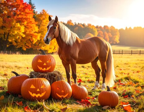 Horse with pumpkins in autumn field
