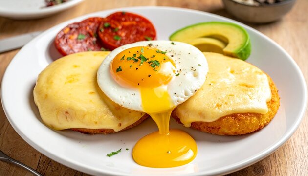 Fried egg on corn arepa. Authentic Venezuelan arepa rellena breakfast served with runny yolk fried egg, avocado slices, and tomato. South American food.