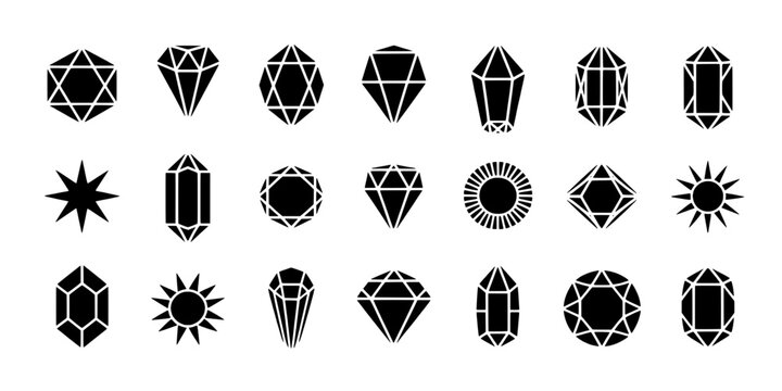 Gemstone icons set with faceted crystal shapes, sparkle starbursts and geometric line art for jewelry design