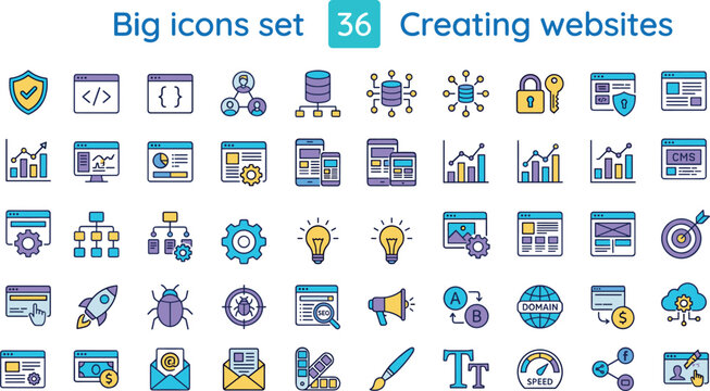 Creating websites outline icon set with web design coding security analytics hosting and digital development symbols vector