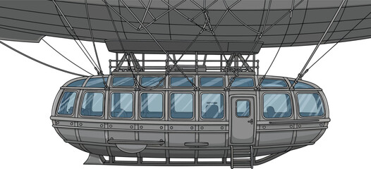 Vintage-style airship passenger gondola with windows and door, suspended under a large envelope zeppelin © AB - Creativity