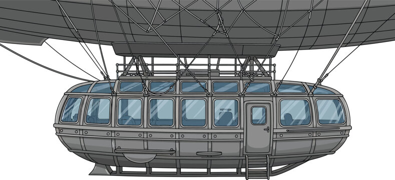 Vintage-style airship passenger gondola with windows and door, suspended under a large envelope zeppelin