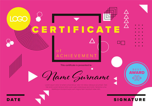 Modern Pink Certificate of Achievement Template with Geometric Memphis Style
