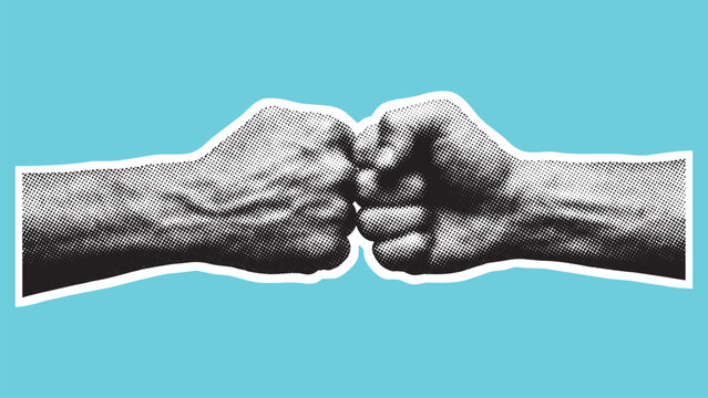 Man giving fist bump with dotted halftone texture. Human hand dotted pop art style. Friendly agreement gesture vintage collage element. Vector illustration