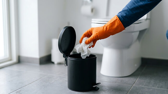 Person in orange gloves throwing tissue paper into a small trash can next to a toilet