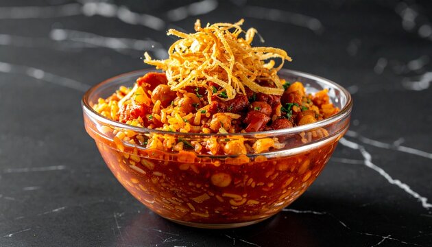 Mixed grain koshary. Delicious authentic koshari featuring rice, lentils and pasta on a dark background.