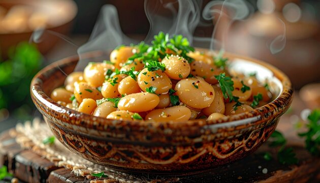 Steaming breakfast beans. Hot foul mudammas fava bean stew topped with fresh parsley, vegan arab food.