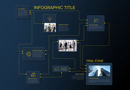 Modern Business Infographic Template with Connectivity Flowchart Design and Photo Placeholders