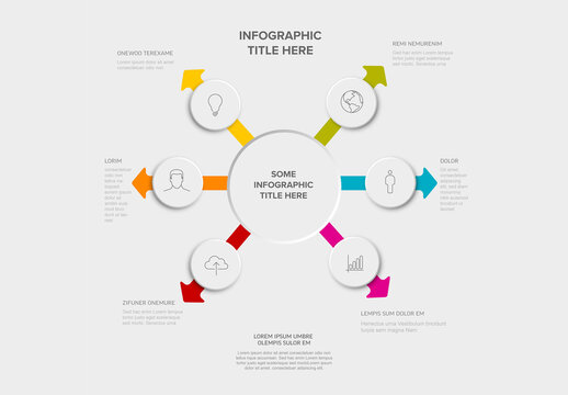 Circular infographic template with six colorful arrows and icons