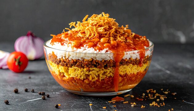 Layered rice dish. Authentic egyptian koshari bowl with lentils, pasta, tomato sauce and crispy onions.