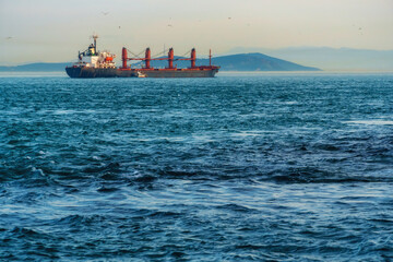 Fototapeta premium Large cargo ship vessel sailing on the blue sea near the coast of Istanbul, Turkey; heavy maritime transportation and international shipping industry concept at sunset.