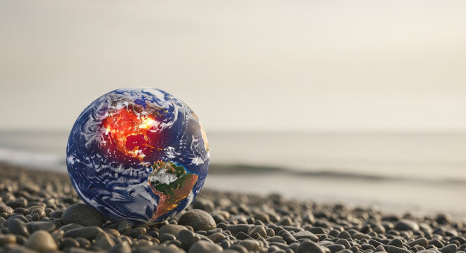 Globe on a rocky beach with heat visualized on its surface