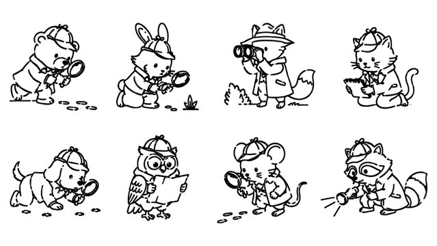 Adorable animal detective doodle set featuring bear, rabbit, fox, cat, owl, mouse, and raccoon solving mystery clues.