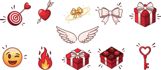 Obraz premium Cute Valentine's Day Love Icon Set with Red Hearts Gift Boxes Chocolate Sweets Angel Wings and Key Elements for Romantic Holiday Greeting Card Designs