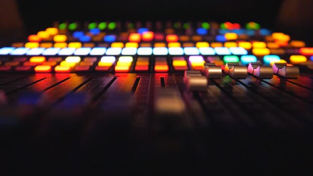 Low view of dj remote or soundboard with moving buttons and brightly glow keys. Working process on recording studio. Amplifier and balance of sound. Musical player at party in night club. Slow motion