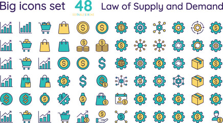 Obraz premium Law of supply and demand outline icon set with market pricing shopping finance and business economics symbols vector'