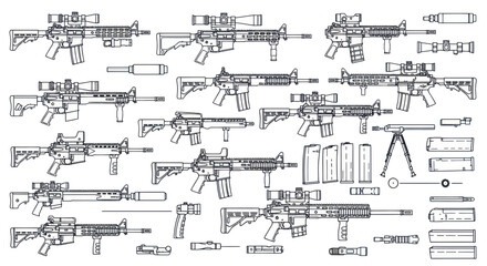 Obraz premium Assault Rifle Collection: Detailed Line Art Illustrations with Accessories