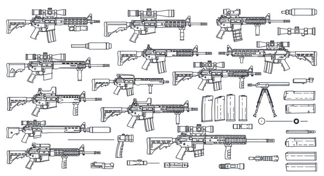 Assault Rifle Collection: Detailed Line Art Illustrations with Accessories