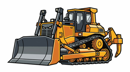 Yellow bulldozer with large blade and tracks on white background. © karina