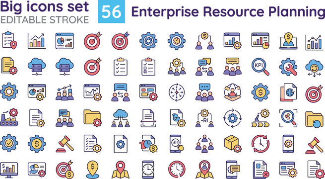 Enterprise resource planning outline icon set with business analytics finance workflow management and corporate automation symbols vector