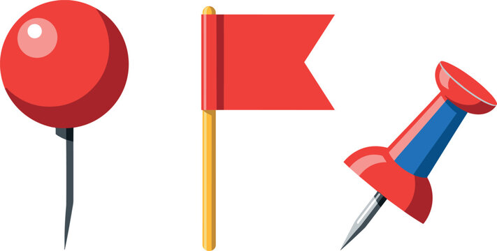 Red Map Pin Pushpin and Flag Marker Vector Icon Set with Destination Pointer Elements for Office Stationery Logistics and Navigation App Interface Designs