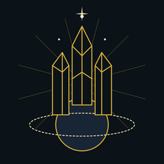 Minimalist golden crystal emblem with planetary rings and celestial star on a dark navy background. © SATHI