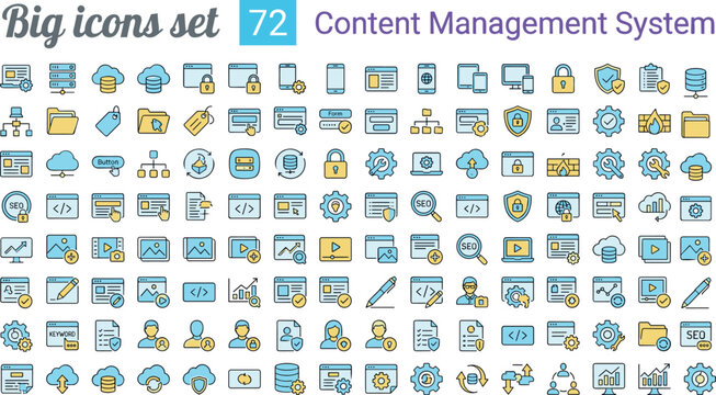 Content management system outline icon set with website security cloud analytics database and digital workflow tools vector