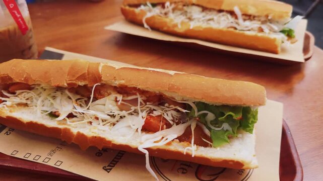 Two banh mi sandwiches on crusty baguettes filled with savory pork, pickled carrots and daikon, fresh cilantro, chili and saucecrunchy, authentic vietnamese street food meal