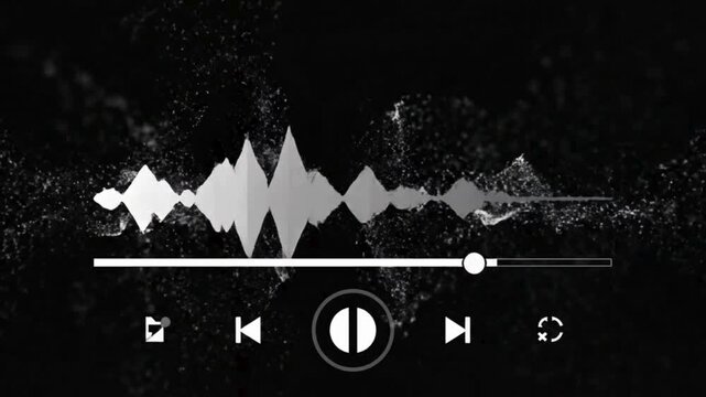 黒背景に白のオーディオ波形イコライザーと音楽プレイヤーのUIがスタイリッシュに動く背景動画