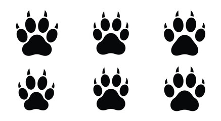 Fototapeta premium Animal paw print vector icons set, black predator footprints with sharp claws, wild beast track silhouettes collection of six, hunting and nature themed design elements.