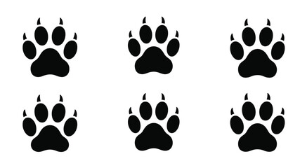 Fototapeta premium Animal paw print vector icons set, black predator footprints with sharp claws, wild beast track silhouettes collection of six, hunting and nature themed design elements.