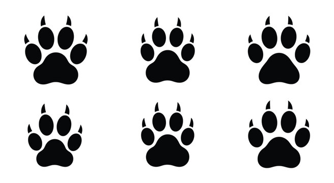 Animal paw print vector icons set, black predator footprints with sharp claws, wild beast track silhouettes collection of six, hunting and nature themed design elements.