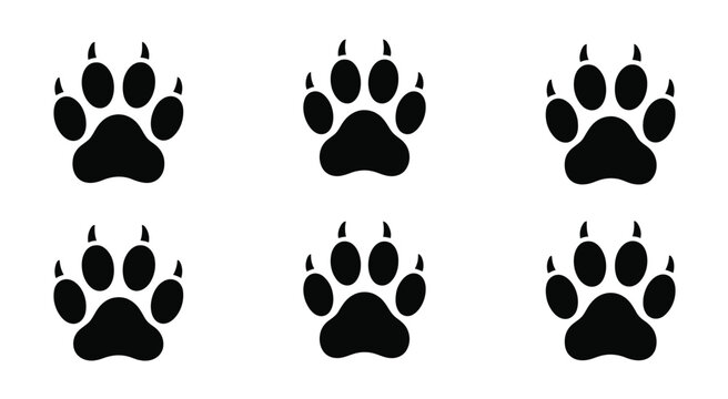 Animal paw print vector icons set, black predator footprints with sharp claws, wild beast track silhouettes collection of six, hunting and nature themed design elements.