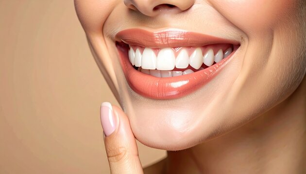 Close up of woman smiling with perfect white teeth and glossy lips while touching chin with manicured finger, dental care portrait, teeth whitening, oral hygiene, cosmetic dentistry.