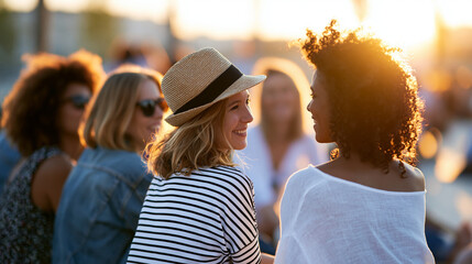 Naklejka premium Rear view of a group of women outdoors under warm sun sharing conversation and laughter, women outdoor social concept, community women photography, warm group lifestyle, defocused
