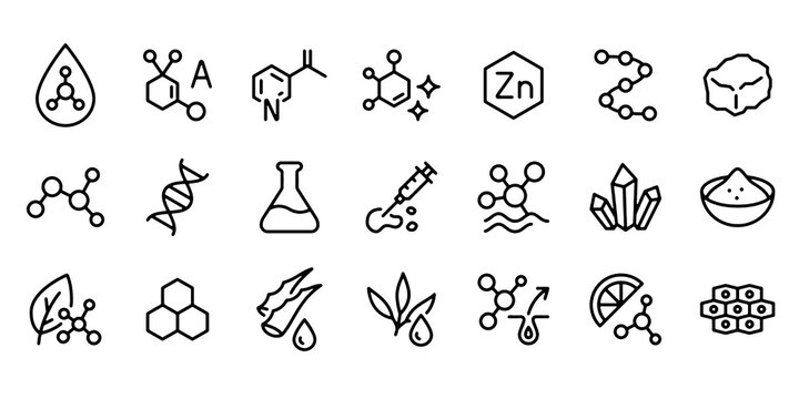 Skincare and Beauty Ingredient Line Icons Set. Vitamin, Collagen, Serum, Molecular Acid, Antioxidant, Aloe, Charcoal and Cosmetic Care Vector Illustration Collection.