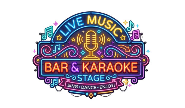 Live music neon sign vector illustration with karaoke bar stage design