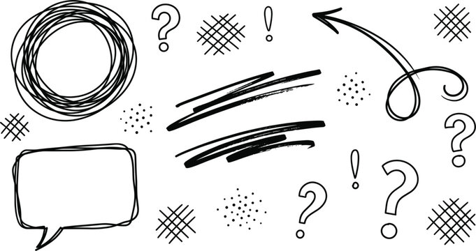Hand drawn scribble elements vector set featuring messy circles speech bubble curved arrows question marks and crosshatch highlights.