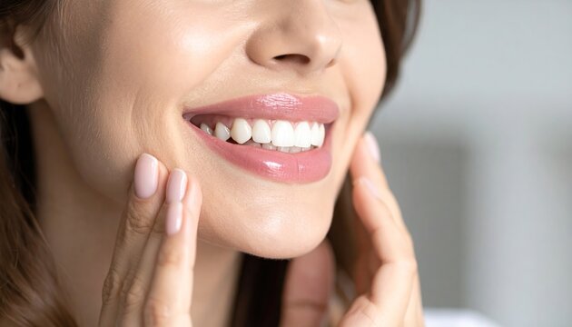 Close up of young woman smiling with healthy white teeth and pink glossy lipstick touching face, dental care, oral hygiene, teeth whitening.