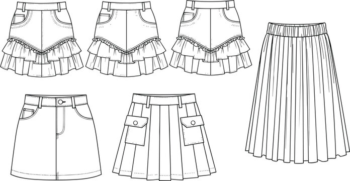 Fashion technical sketch set of women skirts templates featuring ruffled tiered denim skirts pleated cargo skirt and long pleated skirt