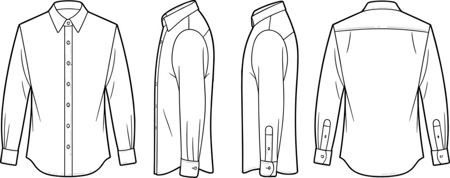 Men formal long sleeve dress shirt front back and side views vector line art illustration fashion blueprint templates