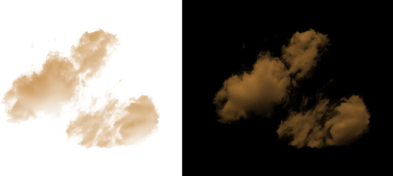 Golden brown smoke clouds isolated on white and black backgrounds, thick sepia steam vapor texture, atmospheric dust explosion effect for compositing