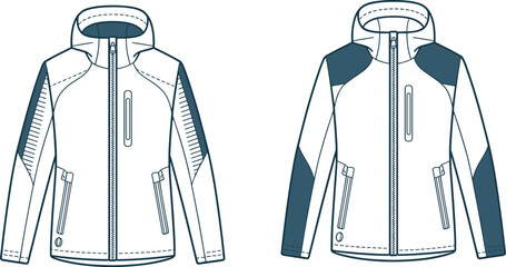 Technical sports windbreaker jacket vector line illustration collection featuring zippered waterproof hooded outerwear with color block design panel templates © MdAtiar